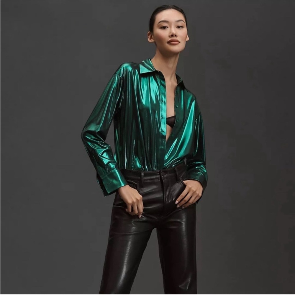 Anthropologie Gillian Liquid Shine Shirt Size L Long Sleeve Button Down Green